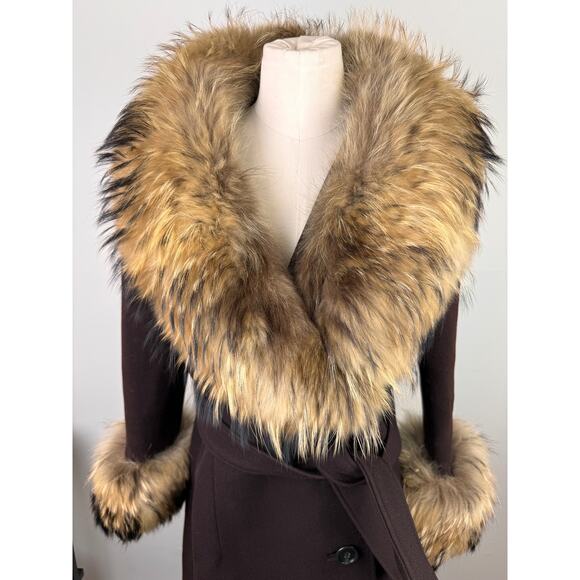 VINTAGE VTG Brown Purple Long Coat Fur Trim Belted Tie Waist Long Sleeve M? - Picture 2 of 11